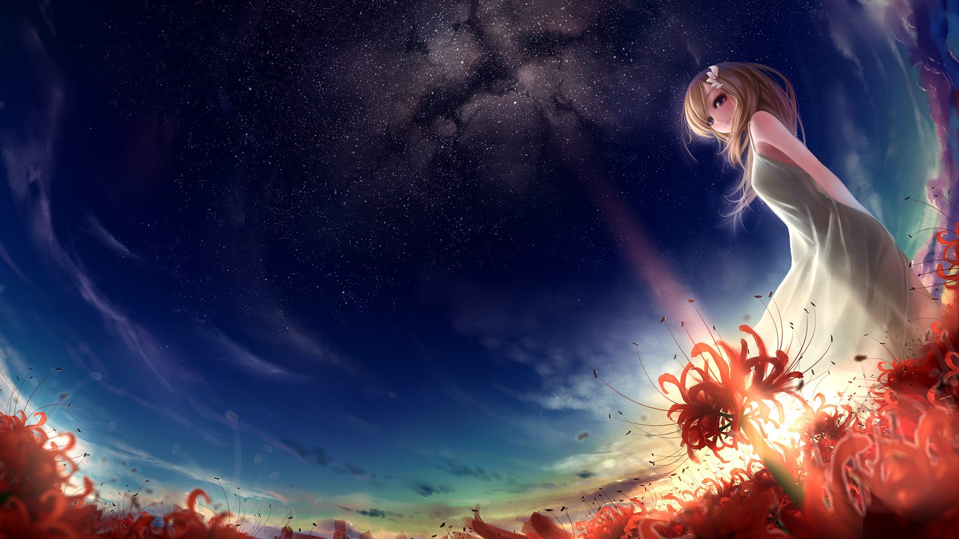 Art munashichi girl field flowers lycoris radiata red sunset stars